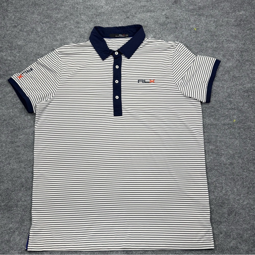RLX Ralph Lauren Classic Fit Performance Polo Shirt Mens XL White/ Navy Stripes